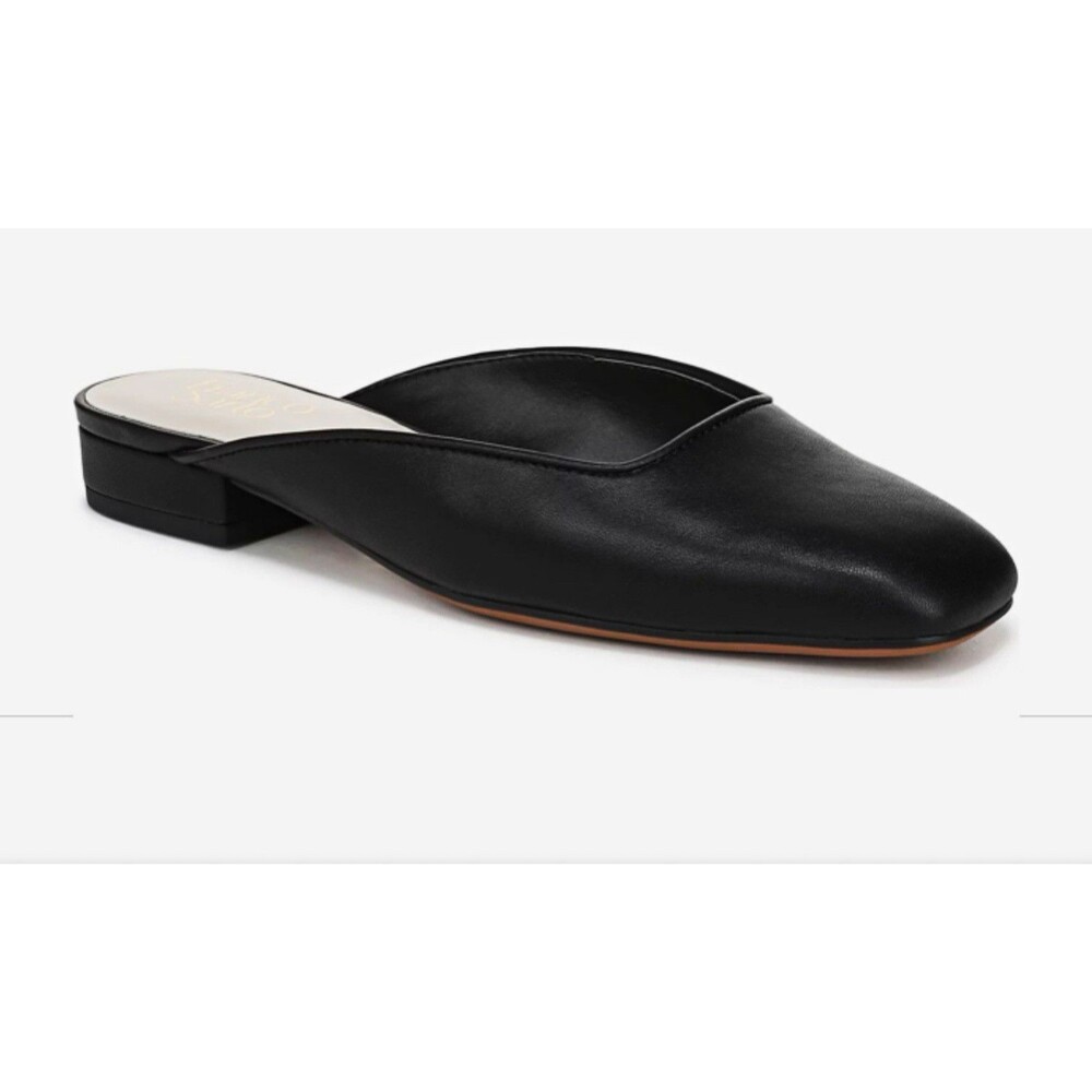 Franco Sarto Black Leather Mule Flats Square Toe Slip On Logo Women’s Size 9